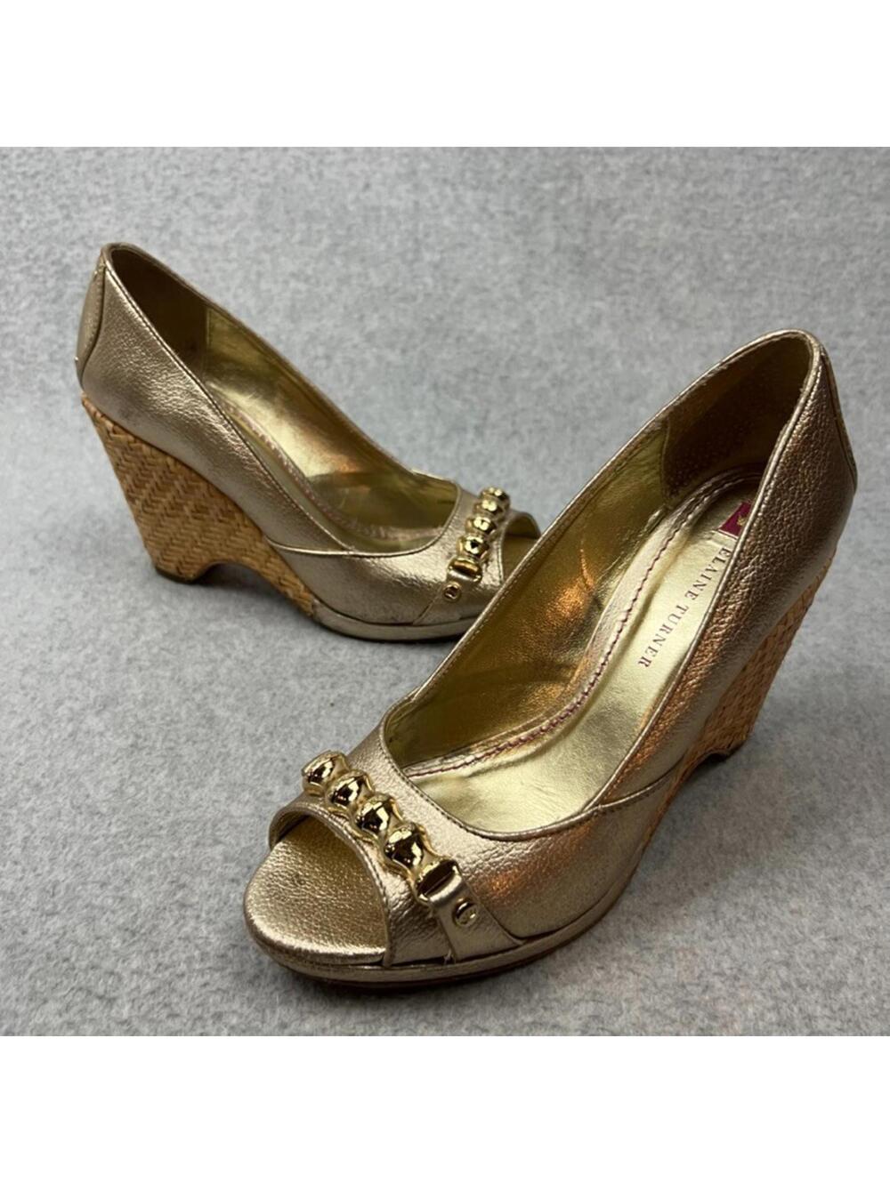 Elaine Turner Gold Metallic Peep Toe Woven Wedge Heels Womens Size 8.5